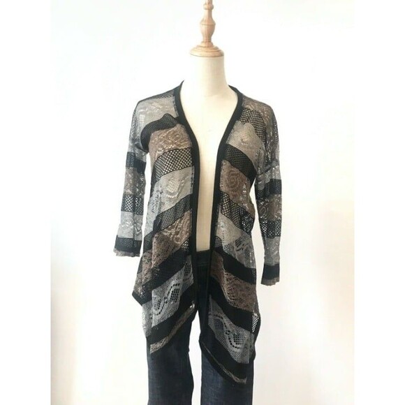 Sparkle & Fade Open Weave Cardigan Silver Black Open Front Medium Stripes - Picture 1 of 7